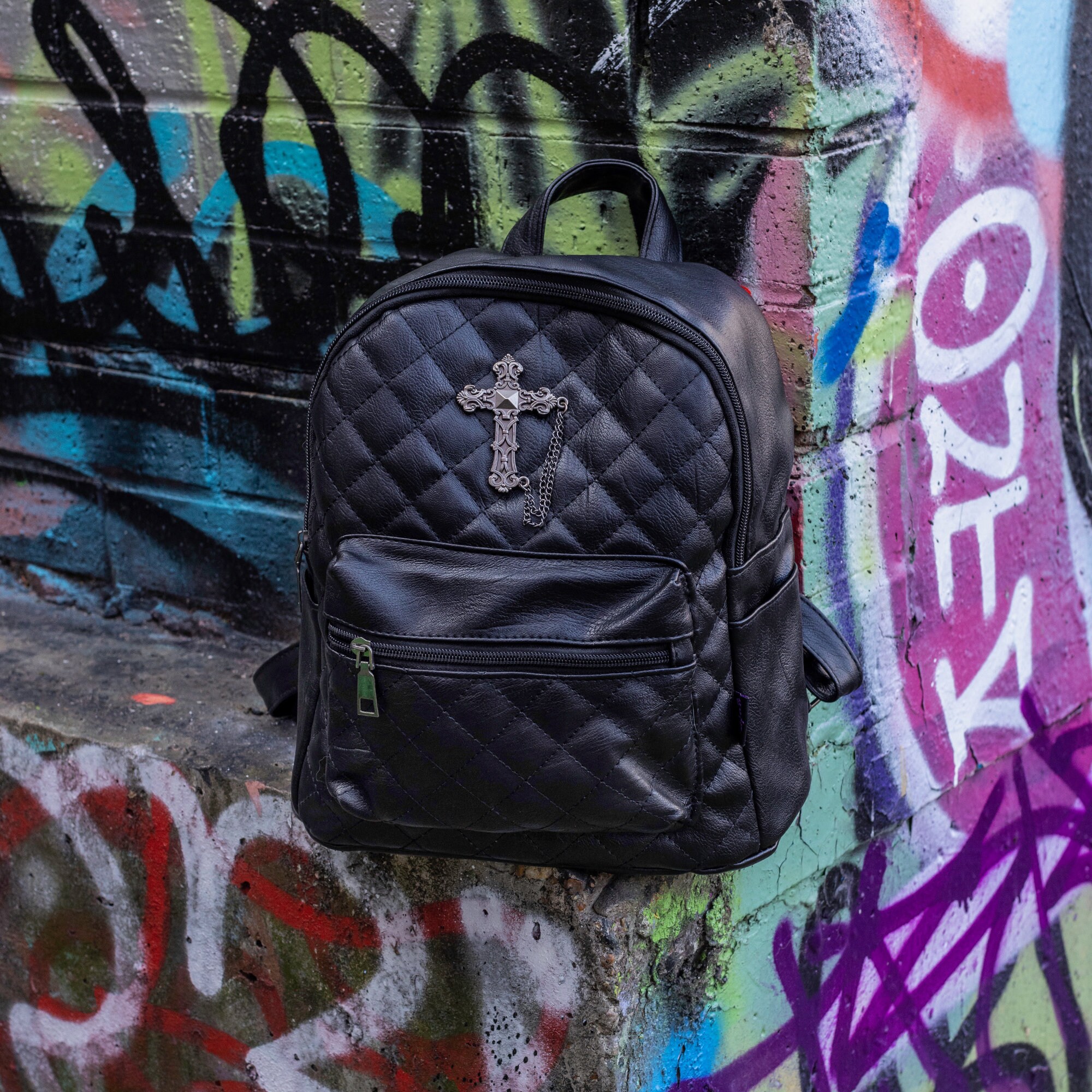 ★ILLIGO★ Heart Quilted Backpack Black 5010515930 GOTHX Quilted Metal Cross Vegan Gothic Midi Backpack - Dark