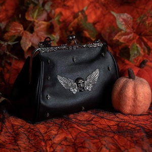 GOTHX Black Vegan Leather Oversized Handbag With Winged Skull - vintage goth - retro - witchy gift