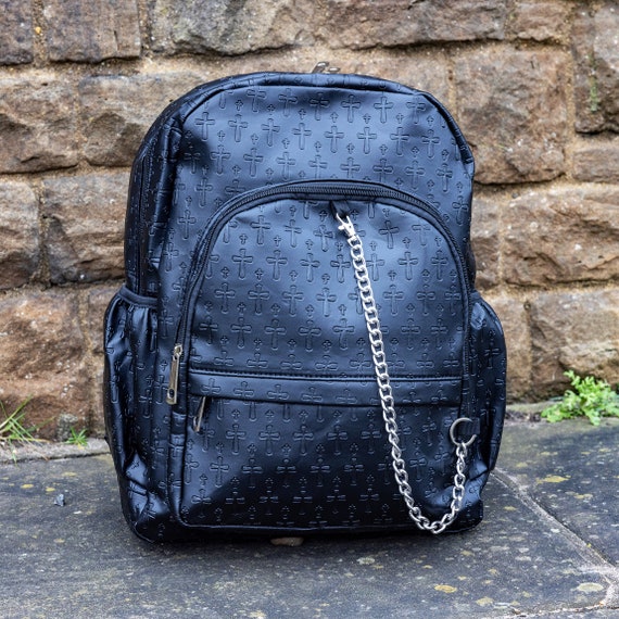 Black Embossed Cross Backpack With Chain Detail - Vegan 