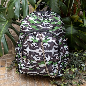 Savannah Camouflage Camo Vegan Backpack with Chain Detailing - adventure bag - school bag - alternative style