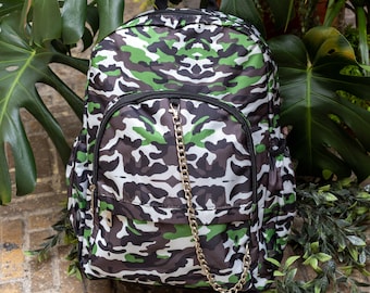 Savannah Camouflage Camo Vegan Backpack with Chain Detailing - adventure bag - school bag - alternative style