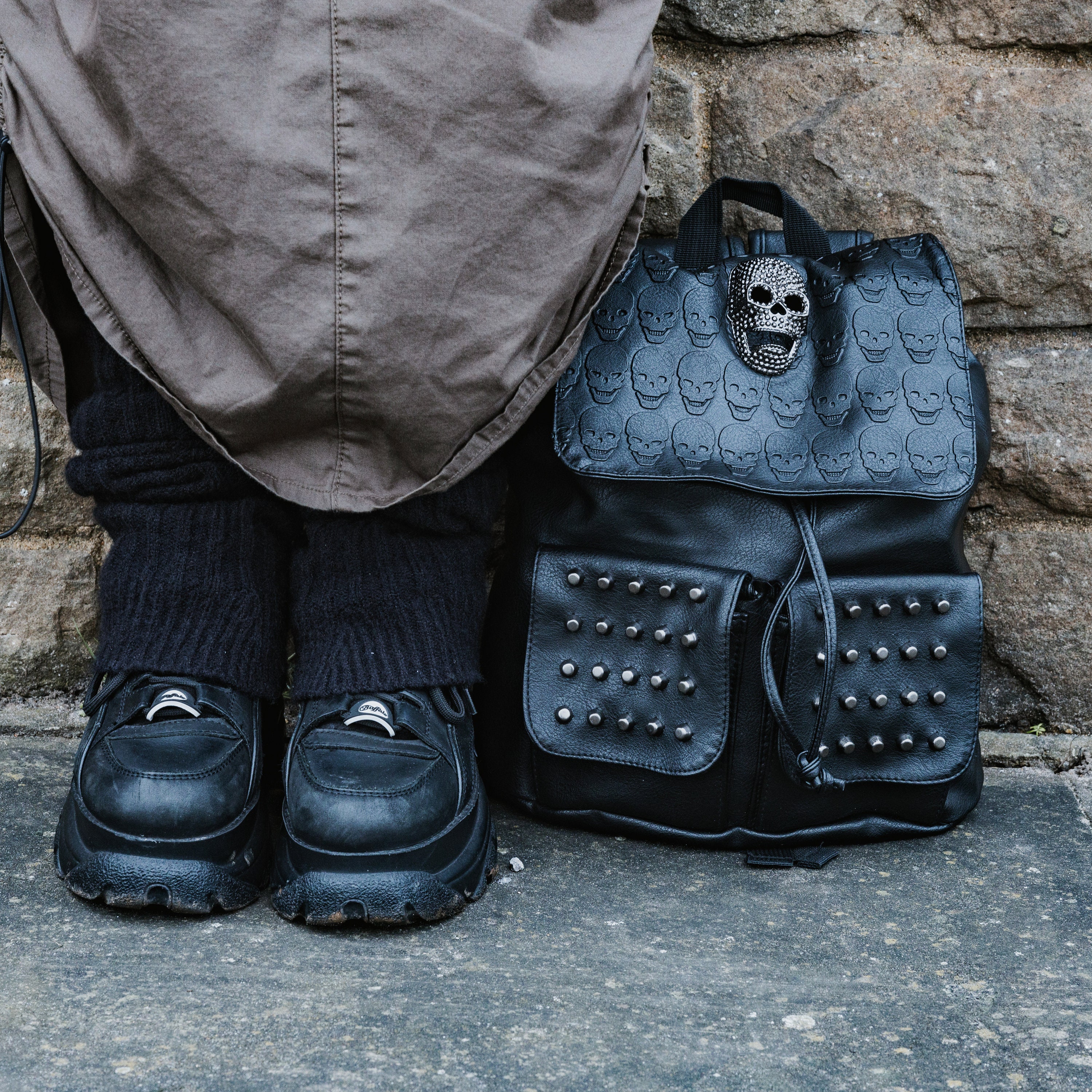 GOTHX Black Vegan Skull Head Twin Pocket Backpack - Dark Grunge
