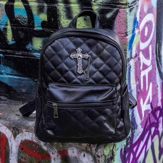 GOTHX Quilted Metal Cross Vegan Gothic Midi Backpack - Dark