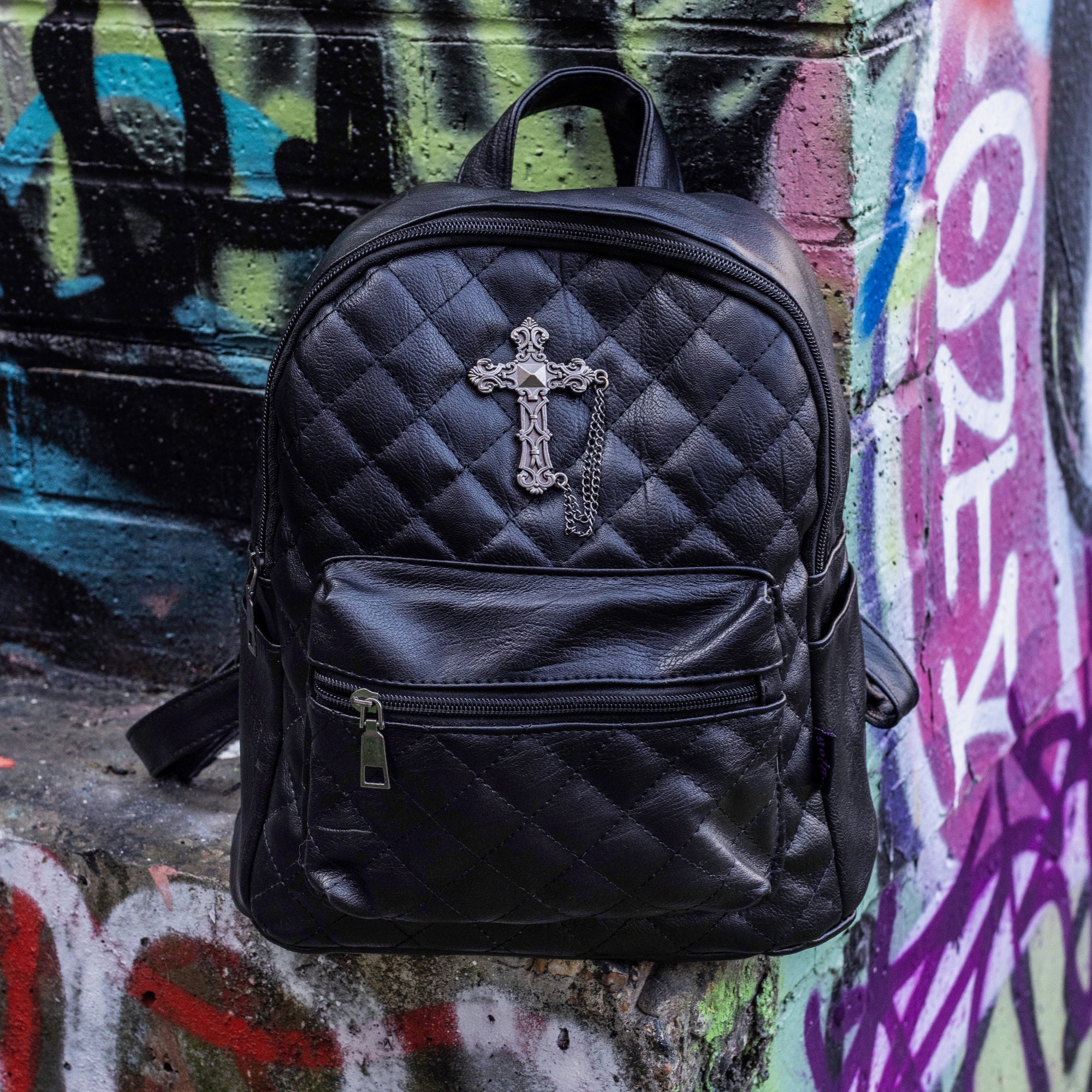 GOTHX Quilted Metal Cross Vegan Gothic Midi Backpack - Dark