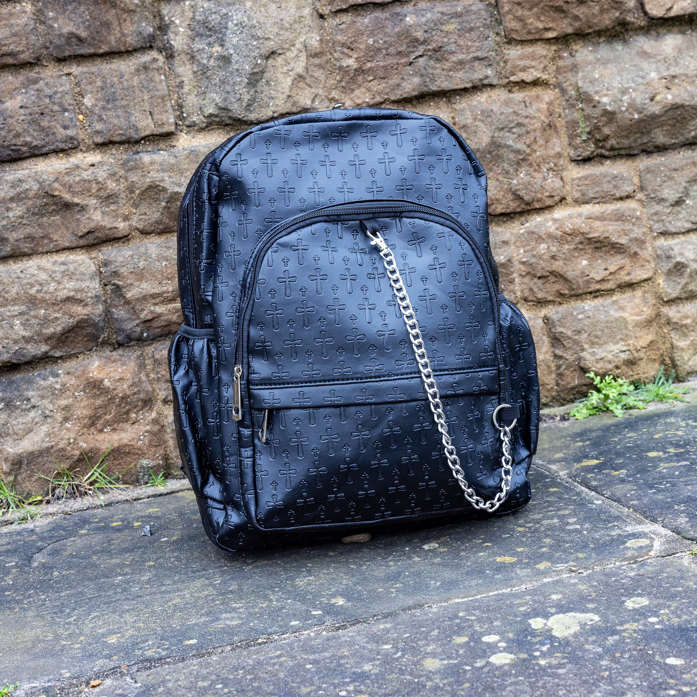 NEW Cute Gothic Grunge Cross Black Backpack GOTHX Quilted Metal Cross Vegan Gothic Midi Backpack - Dark  main image 2