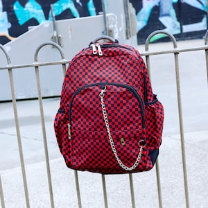 Red Checkerboard printed Nylon Backpack with Chain Detail - 90s - school bag - emo style - skate