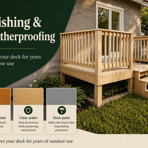 Op de afbeelding: Een houten terras met balustrades en trappen aan een huis. De afbeelding bevat tekst: Finishing & Weatherproofing, Protect your deck for years of outdoor use, Exterior stain, Clear sealer en Deck paint met iconen voor elke optie.