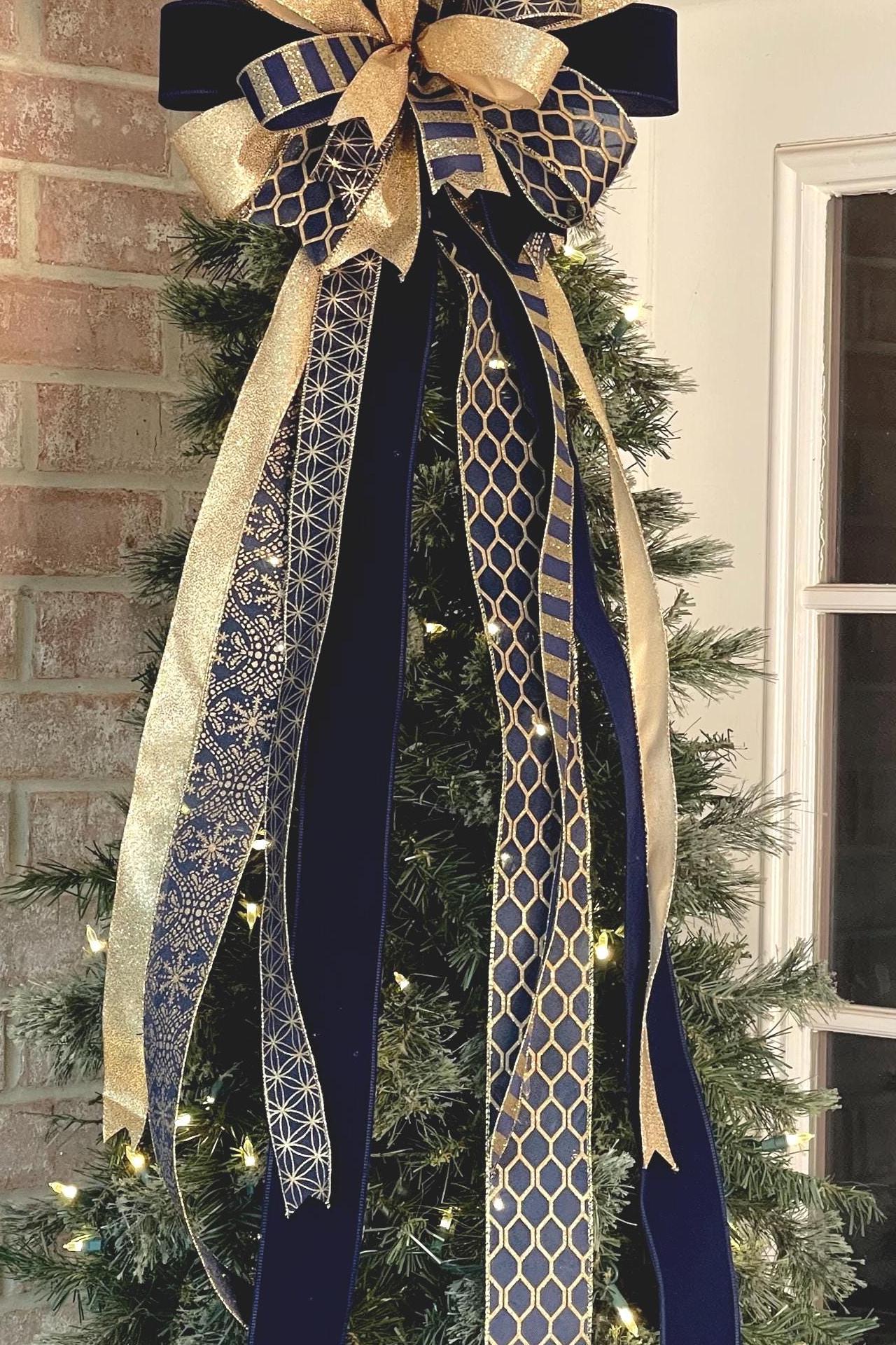 Christmas Tree Topper Bow Designed With Navy Blue Gold Ribbons, Holiday ...