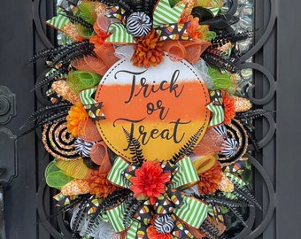 Halloween Trick or Treat Wreath, Candy Corn Swag, Halloween Swag for Front Door, Whimsical Halloween Decor, Halloween Wreath For Front Porch
