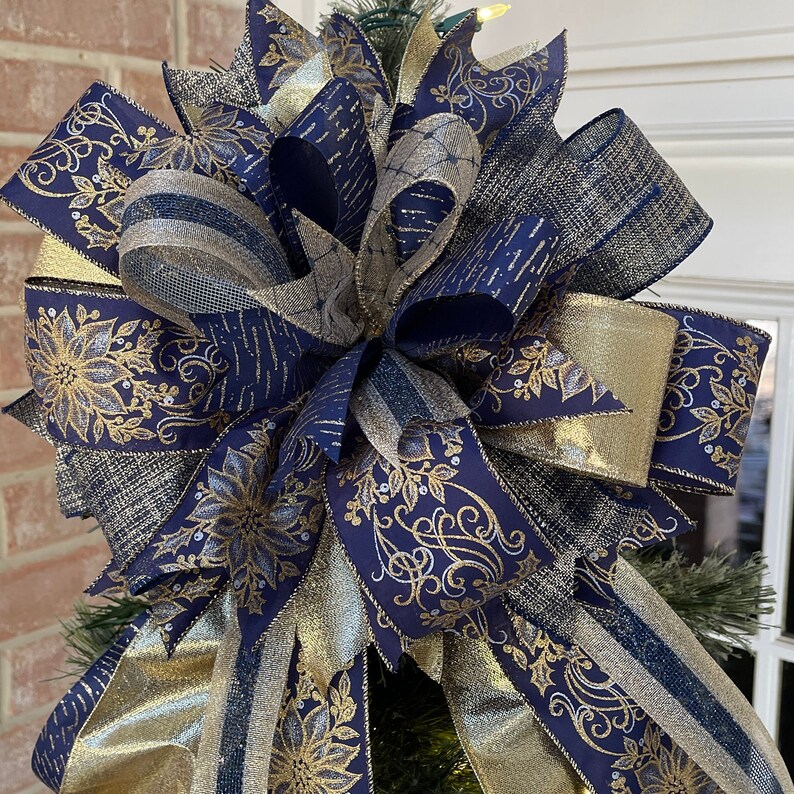Christmas Tree Topper Bow, Navy Blue and Gold Tree Topper Bow