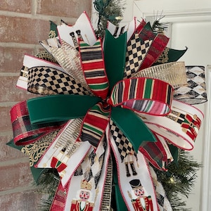 Large Christmas Tree Topper Bow Designed With Nutcracker Red Green Harlequin Ribbons, Christmas Decoration