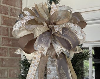 Large Christmas Tree Topper Bow Designed With Platinum, Champagne, Gold Ribbons, Holiday Tree Decor