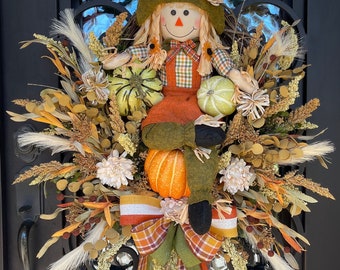 Fall Wreath For Front Door, Fall Wreath, Scarecrow Wreath, Fall Decor, Autumn Decor For Front Porch, Indoor Fall Decor, Pumpkin Wreath
