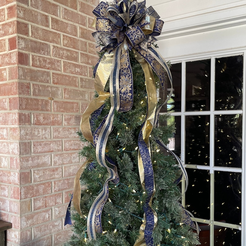 Christmas Tree Topper Bow, Navy Blue and Gold Tree Topper Bow