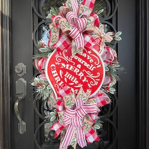 Christmas Swag For Front Door, Farmhouse Christmas Wreath For Front Porch, Red And White Christmas Holiday Decor