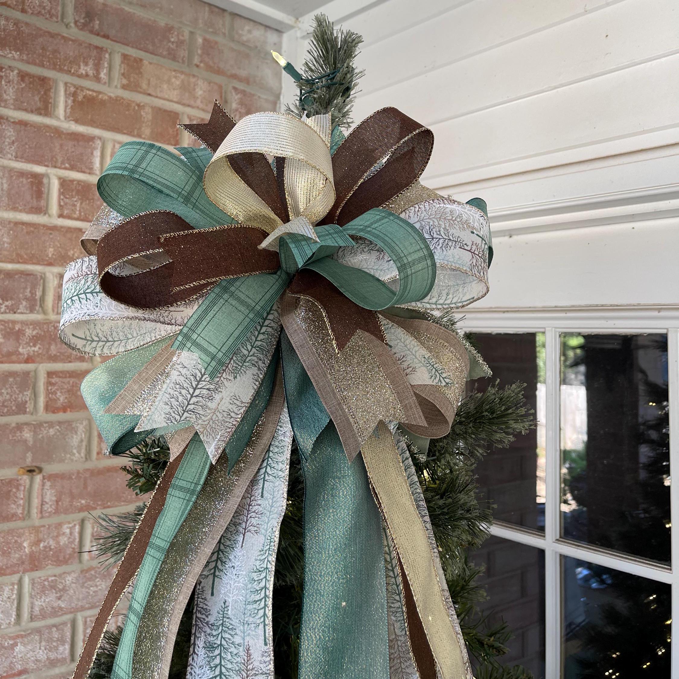 Large Christmas Winter Tree Topper With Green Brown Gold Ribbons ...