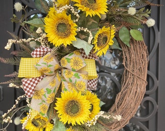 Sunflower Front Door Wreath, Mixed Greenery, Spring Summer Fall Door Decor