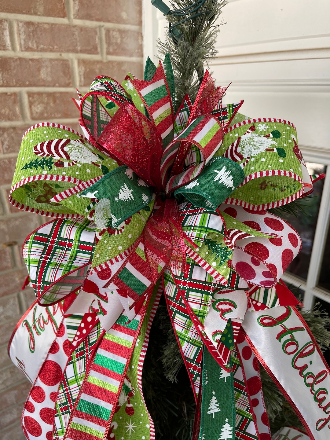 Christmas Gnome Tree Topper Bow, Red and Green Tree Topper Bow