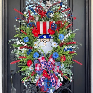 Patriotic Wreath For Front Door, Patriotic Floral Wreath for Front Porch, Red White Blue for Patio, July 4th, Memorial Day, Veterans Day