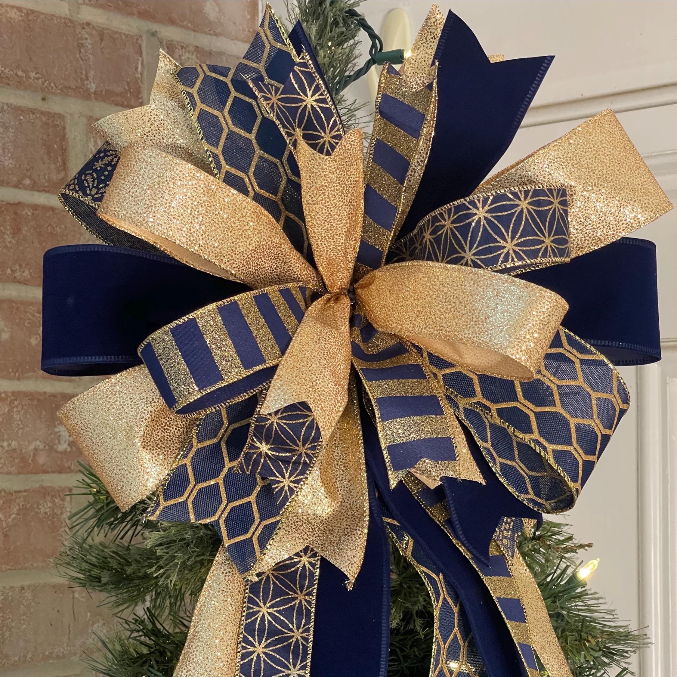 Christmas Tree Topper Bow Designed With Navy Blue Gold Ribbons, Holiday ...