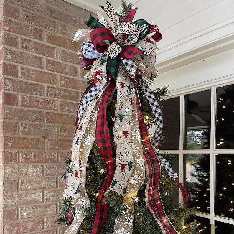 Large Christmas Tree Topper Bow, Plaid Christmas Tree Decor, Tree