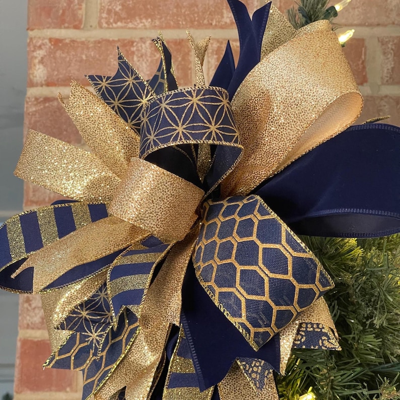 Christmas Tree Topper Bow Designed With Navy Blue Gold Ribbons, Holiday ...