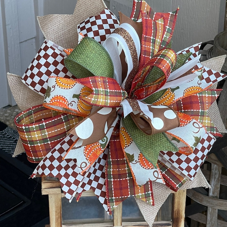 Fall Ribbon Bow Large Fall Bow, Orange Brown Moss Ribbons, Thanksgiving Decor, Lantern ...
