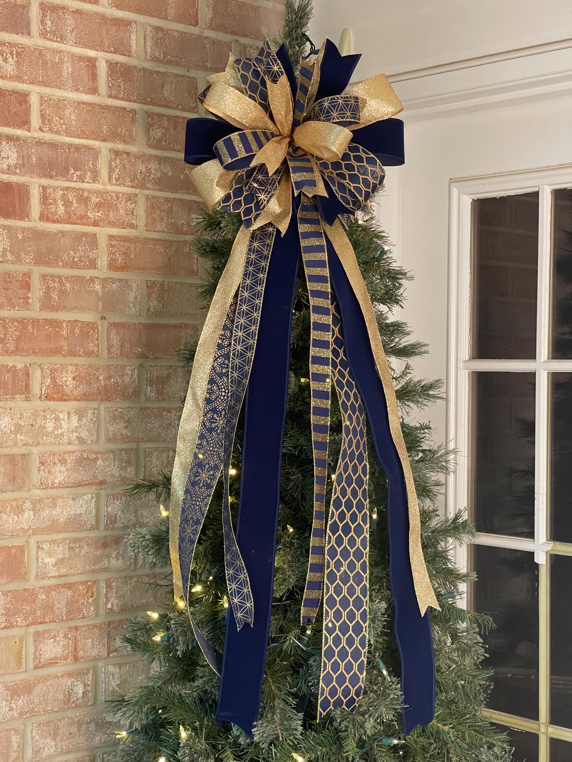 Christmas Tree Topper Bow Designed With Navy Blue Gold Ribbons, Holiday ...