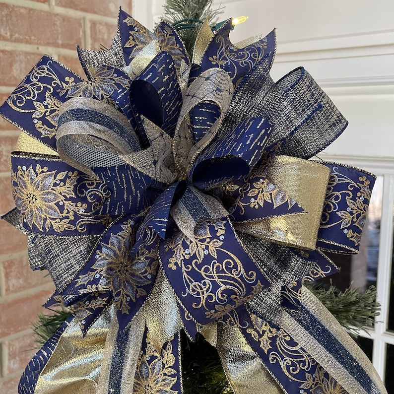 Christmas Tree Topper Bow, Navy Blue and Gold Tree Topper Bow