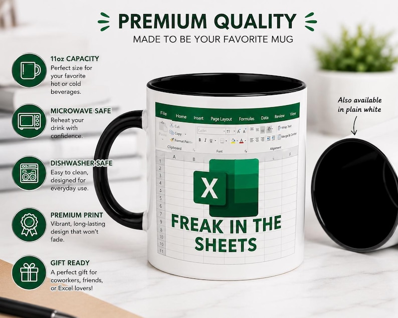 May include: White ceramic mug with a black interior and handle. The mug features a spreadsheet design with the Microsoft Excel logo and the text "FREAK IN THE SHEETS". The mug is 312ml capacity and microwave and dishwasher safe.
