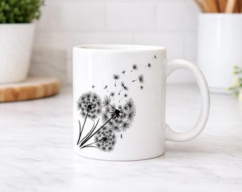 Personalised Dandelion Coffee Mug, Flowers Coffee Mug, Coffee Lovers Mug, Christmas Custom Gift, Gift for Her, Make a Wish Floral Coffee Cup