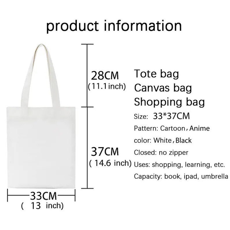 May include: White canvas tote bag, 33 x 37 cm (13 x 14.6 inches), with a 28 cm (11.1 inch) handle. The bag is designed for shopping, learning, and carrying items like books, iPads, and umbrellas. The bag's pattern is cartoon/anime.