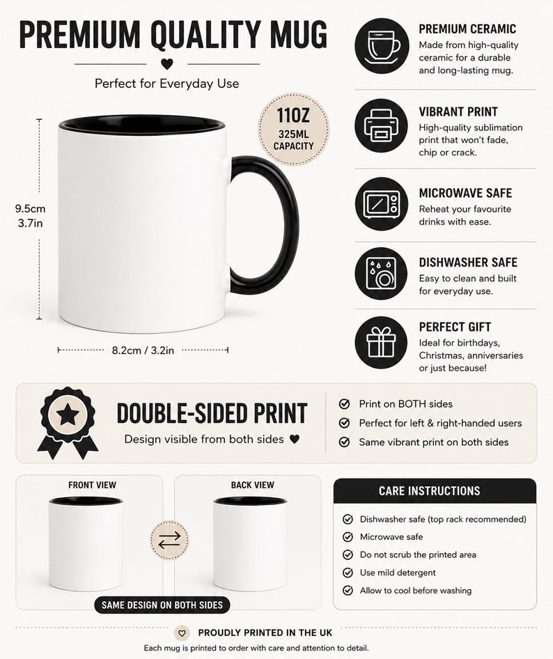 May include: A white ceramic mug with a black interior and handle, featuring a 110 oz capacity. The mug measures 3.7 inches in height and 3.2 inches in width. The design includes double-sided printing, microwave and dishwasher safety information.