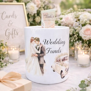 Personalised Wedding Funds Money Jar, Custom Names & Date Wedding Gift, Engagement Gift for Couple, Wedding Savings Pot