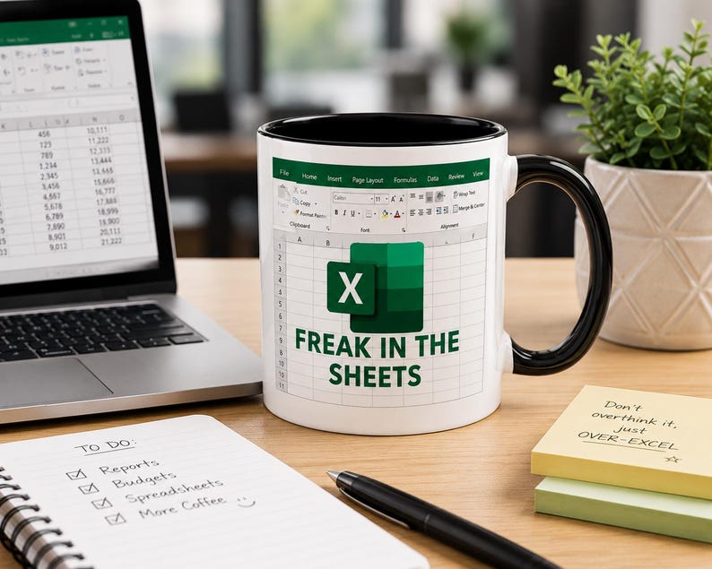 May include: White ceramic mug with a black handle and rim, featuring an Excel spreadsheet design and the text "FREAK IN THE SHEETS." A laptop, notepad, pen, and sticky notes are also visible.