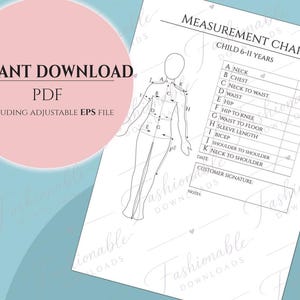 May include: A measurement chart for children aged 6-11 years featuring a line drawing of a human figure with labeled points from A to K. The document includes a table for recording measurements, a date field, a customer signature line, and notes section.