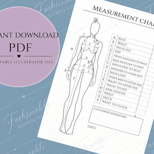 Puede incluir: Un documento PDF de tabla de medidas que presenta un dibujo lineal en blanco y negro de una figura humana con puntos etiquetados para medidas corporales como busto, cintura, cadera y largo de brazo, junto a una tabla de datos y firma.