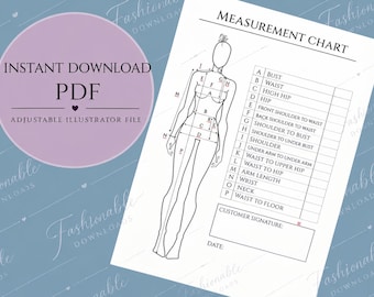 May include: A measurement chart PDF document featuring a black and white line drawing of a human figure with labelled points for body measurements including bust, waist, hip, and arm length, alongside a table for data entry and a customer signature box.