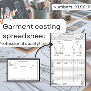 Könnte beinhalten: Ein Laptop zeigt eine Bekleidungskosten-Tabelle mit einer technischen Skizze eines Oberteils. Das Bild enthält den Text "New Garment costing spreadsheet Professional quality!" und die Dateierweiterungen .Numbers.XLSX.PDF.