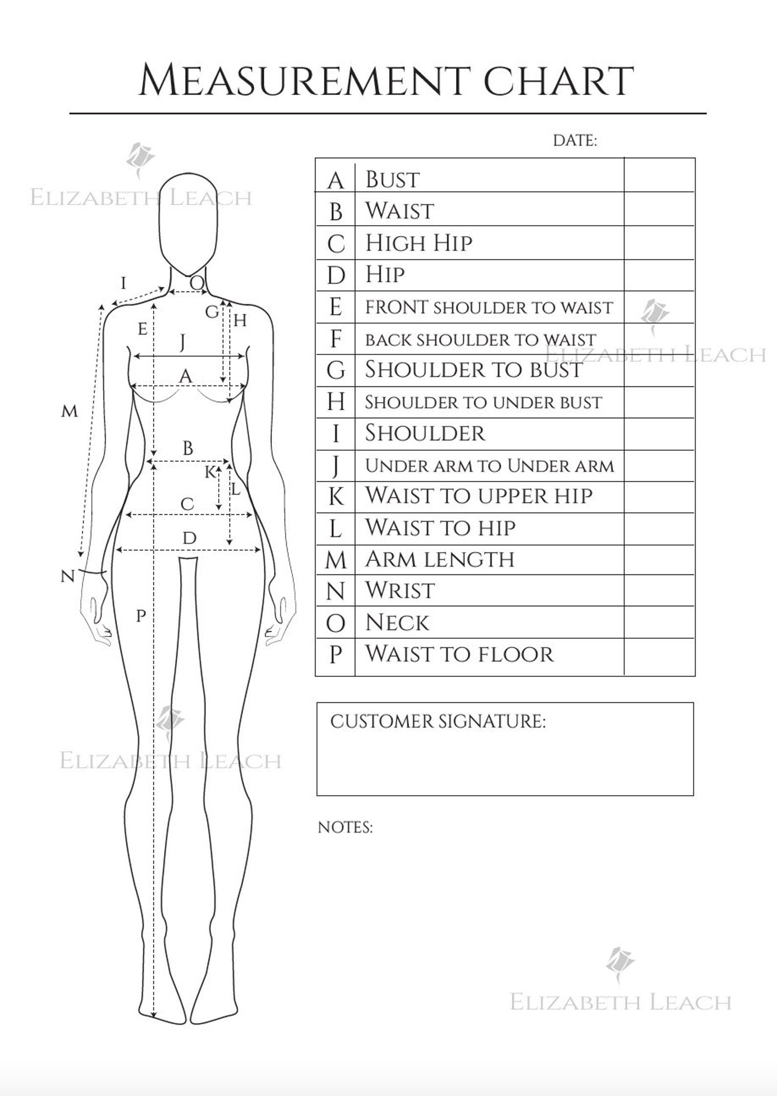 Body Measurement Chart for Dressmakers - Female Body - Fillable Women ...