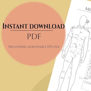 May include: A digital document featuring a black and white line drawing of a human figure with measurement lines and letters. The text reads INSTANT DOWNLOAD PDF INCLUDING ADJUSTABLE EPS FILE over a large peach-colored circular background.