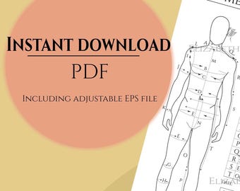 May include: A digital document featuring a black and white line drawing of a human figure with measurement lines and letters. The text reads INSTANT DOWNLOAD PDF INCLUDING ADJUSTABLE EPS FILE over a large peach-colored circular background.