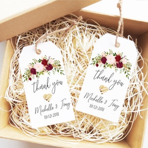 Etichette per bomboniere floreali bordeaux, etichette regalo di ringraziamento floreali, etichette per bomboniere floreali bordeaux e rosa cipria