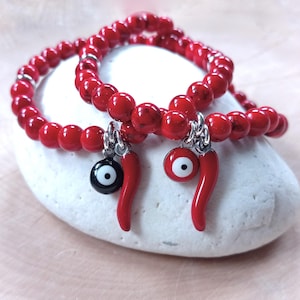 Red Italian Horn Bracelet, Cornicello Bracelet, Silver, Black Malocchio Evil Eye Protection, Good Luck, Slim Beaded, Red Chili Pepper, Corno