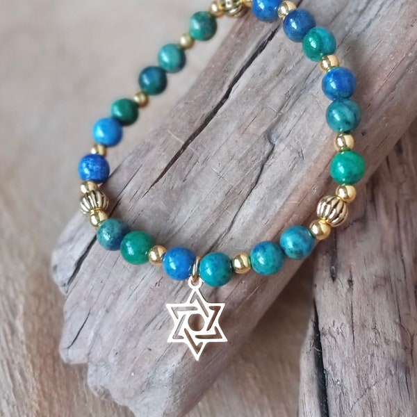 Judaica Bracelet, Eilat Stone, Jewish Faith, Hebraic Jewelry, Gold Star of David, Hebrew Charm, For Him, Her