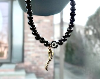 Italian Rearview Mirror Hanger, Cornicello Charm for Car, Slim Beaded, Silver or Gold Horns, Horned Hand, Mano Cornuto, Malocchio, Evil Eye