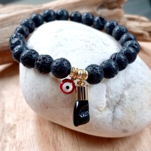 Pulsera Mano De Azabache, Black Lava, Hombres, Mal De Ojo, Red Evil Eye, Protection, Buena Suerte, Mano de Negra, Gold, Latino Amuleta