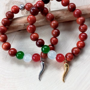 Lucky Horn Bracelet, Gold Horn Bracelet, Silver Cornicello Bracelet, Buona Fortuna, Evil Eye Protection, Italian Flag Colors, Men Large Bead