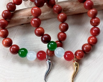 Lucky Horn Bracelet, Gold Horn Bracelet, Silver Cornicello Bracelet, Buona Fortuna, Evil Eye Protection, Italian Flag Colors, Men Large Bead