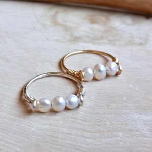 Freshwater Pearl Ring, Dainty Pearl Ring, Three Pearl Ring, Baroque Keshi Pearl, Silver Band, Gold Band, Handmade Wire Wrap, Promise Rings